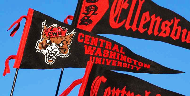 Historic Central Washington University pennants displayed outdoors