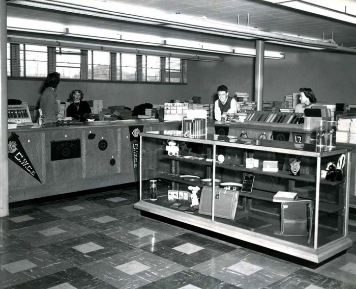 Interior of the college bookstore in the 1950s